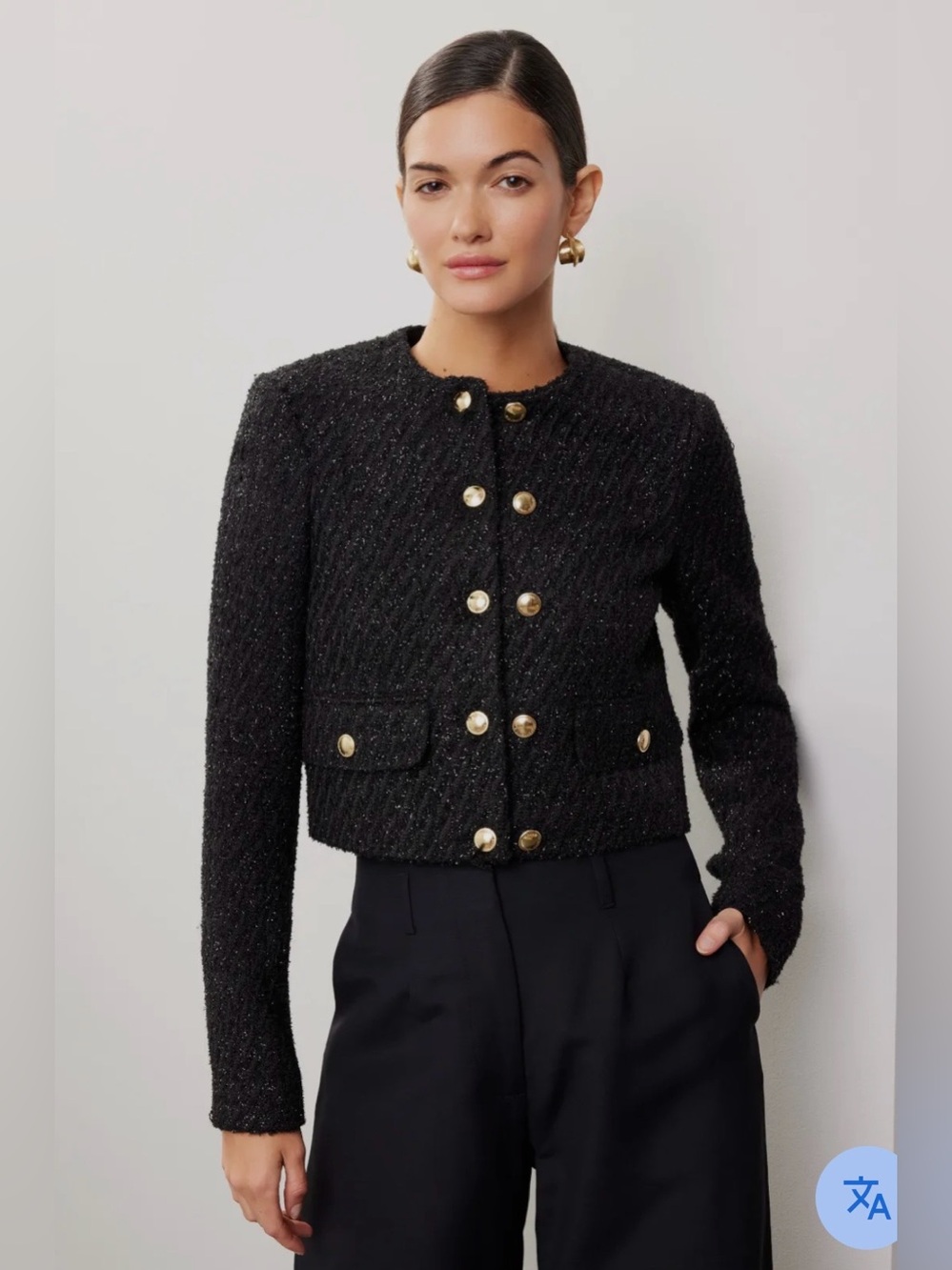 MICHAEL Michael Kors Black Tweed Cropped Jacket with Gold Buttons